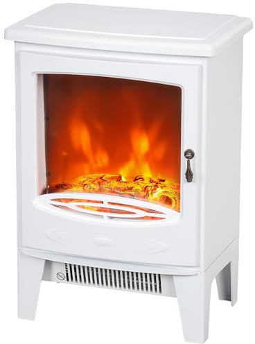 HOMCOM Tempered Glass Casing Electric Fireplace, Freestanding Electric Fire with Realistic Flame Effect, Log Burner with Overheat Protection, 950w/ 1850W, White
