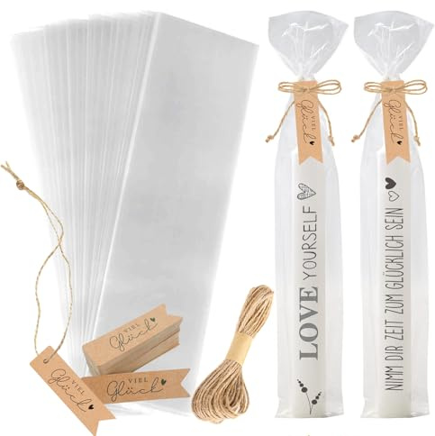 Sugeru 100PCS Cellophantüten 32 * 10cm mit 100 Kraftpapier Geschenkanhänger 1 Jute Schnur,Transparent Kerzentüten,Tüten Kerzen, Weihnachten Birthday Party Geschenke Kerzentattoo Kerzenfolie-III