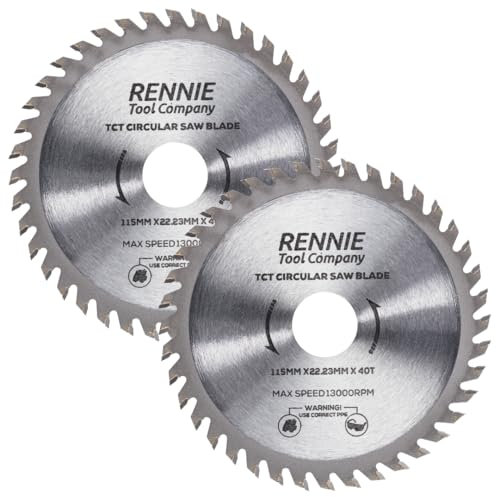 Rennie Tools - Pack Of 2 x 115mm Circular Saw Blade TCT Wood Cutter Blade. 40 Teeth (40T) Carbide Tipped Saws for Woodworking Wood Cutting 7/8 inch (22.23mm) Bore + 20mm and 16mm Reduction Rings.