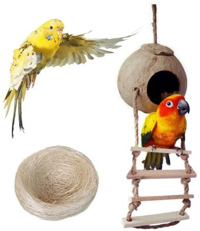 PINVNBY Kokosnuss Vogelnest Hütte mit Leiter, Kokosnuss Versteck Unzertrennliche Haus hängende Spielzeug für Wellensittiche Sittich Nymphensittiche Sittich Kanarienvogel Fink Taube (mit natürlichen Ko