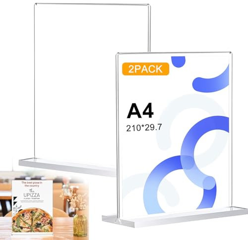 KUIZHEN A4 Acrylic Sign Holder, 2PCS A4 Menu Holders, Double Side Display A4 Clear Poster Holder Display Stand for Office Store Restaurant