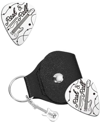 UNICRAFTALE 1 púa de guitarra de acero inoxidable con fuente de neón, púa personalizada con funda de piel sintética, accesorios para amantes de los músicos, cumpleaños