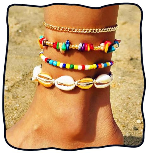 Handcess Boho-Muschel-Fußkettchen, buntes Perlen-Fußkettchen, Strand-Fußkette für Damen, Einheitsgröße, Perlen, Muschel, Kein Edelstein