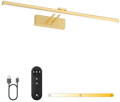 Bath Mirror Wall Light with Remote, 60cm Picture Light Rechargeable 5400mAh Battery, 3 Colors & Adjustable Angle, Dimmable and Timer Art Lamp for Vanity,Display,Bathroom (Gold, 60cm)