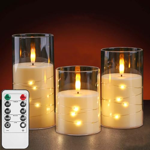 Behogan 3 Stück LED-Kerzen, Elektrische Kerzen mit Fernbedienung, LED Kerzen Flammenlose im Glas, Kerzen mit Beweglicher Flamme, Verwendet für Wohndekoration und Feiertagsfeiern, Warmweiß