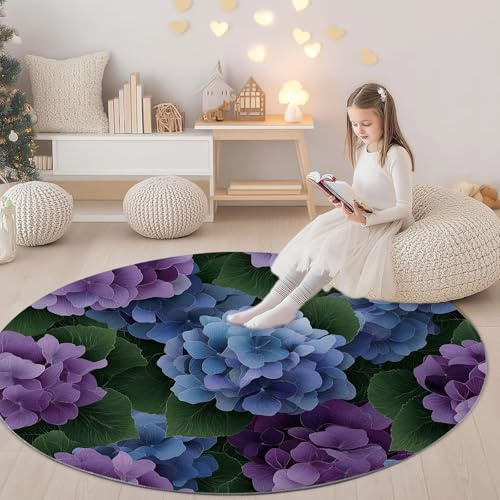 Generico Tappeto SalottoPiante Ortensia Semplicità 180 cm Moquette Camera da Letto Tappeto AntiscivoloBlu-Viola, Moquette Salotto Lavabile per Salotto Cameretta Bambino Ufficio