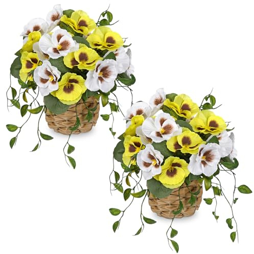 Hollyone 2PCS Artificial Pansies in Woven Pots, 25CM Yellow & White Fake Flowers for Home Decor, Faux Pansies Floral Ornaments for Living Room, Shelf Decorations, Kitchen Table Centerpiece