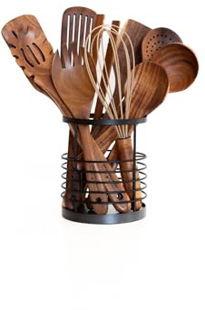 Premium Teak Kitchen Utensils Set - 11 Piece Wooden Spoon Collection with Utensil Holder for Non-Stick Cookware, Heat-Resistant, Eco-Friendly & Durable, Handcrafted Natural Teak Spatulas for Cooking