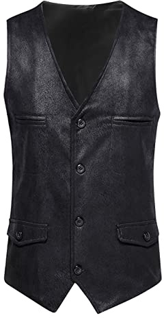 Mocka cowboy väst herr västar för män vardaglig V-hals enkelknäppt väst vardaglig klassisk västar enfärgad lätt linne vintage falskt läder väst smal passform västerländsk kostym, Schwarz, M