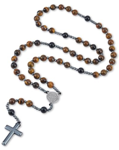 DICOSMETIC Rosenkranz Kreuz Halskette Für Männer Tigerauge Obsidian Halskette Mit Hämatit Kreuz Anhänger 74cm Katholische Rosenkränze Schmuck Perlengestein Rosenkranz Halsketten Geschenk