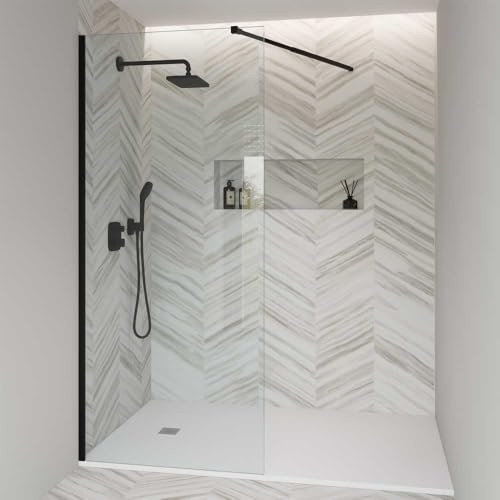Gresinex - Mampara de Ducha Fija de Cristal Transparente – Altura 200 cm- Panel con Brazo Soporte, Vidrio Templado, Antical, Fácil Instalación – Reversible (Negro, 60 cm)