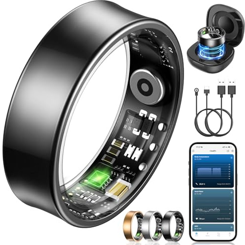 NAIXUES Smart Ring Herren Damen, Fitness Ring Tracker mit Gestensteuerung, Herzfrequenz(HRV), SpO2, Schlaftracker, 170+ Sportmodi 5ATM Wasserdicht Smartring für Android und iOS, Size 10, Schwarz