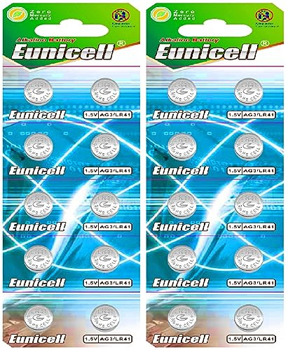 EUNICELL AG3 LR41 LR736 1,5V Alkaline Knopfzellen 38 mAh, 20 Stück | 20 EUNICELL Alkaline-Knopfzellen AG3/LR41/LR736 mit 1,5 V und 38 mAh; für Uhren, Taschenrechner, Spielzeug und LED-Lichter