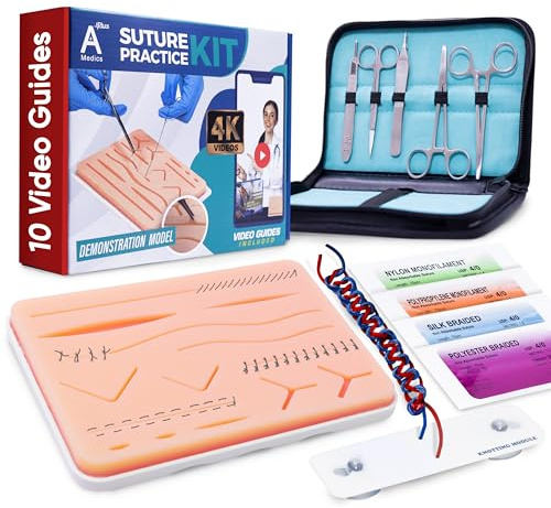 Complete Suture Practice Kit for Medical Students w/How-To Suture HD Video Course, Suture Training Manual & Carryall Case. All-in-One A Plus Medics kit incl. suture practice pad. (Education Use Only)