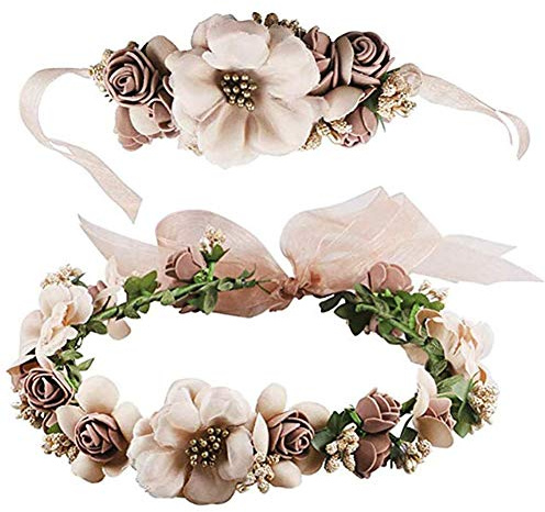 INTVN Blumenkranz Haare und Arm, Boho Blumen Haarkranz,Haarschmuck Hochzeit Blumenstirnband Blumenkrone mit Armband für Strand Hochzeit Braut Fotografie Party Muttertag (Braun)