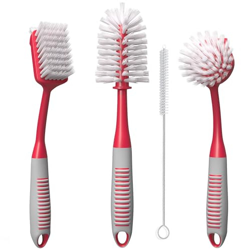 Dish Brush Set of 3 with Bottle Water Brush, Dish Scrub Brush and Scrubber Brush - Kitchen Scrub Brushes Ergonomic Non Slip Long Handle for Cleaning Cleaner Wash Sink Dishes Bottle Cup Glass Pot (Red)