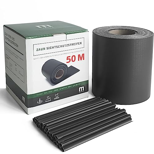Stabmattenzaun Sichtschutz-Streifen, PVC Folie in Anthrazit, 19cm hoch, 50m lang, inkl. 40 Befestigungs-Clips. Zubehör zum Verkleiden von Doppelstabmattenzäunen und Einzelstabmattenzäunen