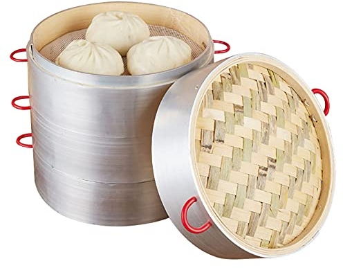 Bamboo Steamer Basket Aluminum Edge - 3 Tier Bamboo Individually Box Chinese Organic Wooden Steamer with Lid for Dumpling Dim Sum Cooking,30cm
