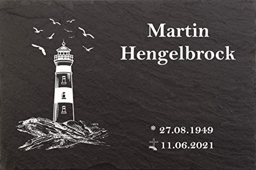 Pokal Center Westerheider Urnengrabstein, Grabstein Leuchtturm mit Möwen, Gedenktafel mit personalisierter Gravur, Naturschieferstein, 30x20cm 100% witterungsbeständig