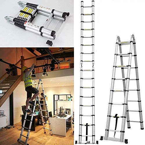 Scala telescopica in alluminio 5m,scala estensibile in alluminio,16 pioli,interruttore di sicurezza multifattoriale,portata massima 150 kg,design telescopico per lavori interni ed esterni (2,5 + 2,5m)