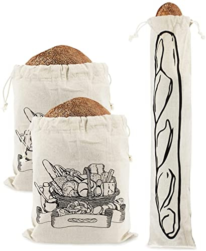 Brotbeutel Set aus Leinen | 32x35cm | 3 Stück | Inkl. Baguette Beutel | Wiederverwendbar