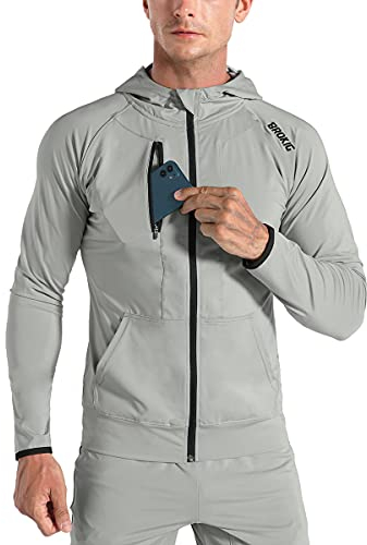 BROKIG Leichte Hoodie Herren,Schnelltrocknende Laufjacke Atmungsaktives Kapuzenpullover Trainingsjacke mit Reißverschluss(Hellgrau,XXL)