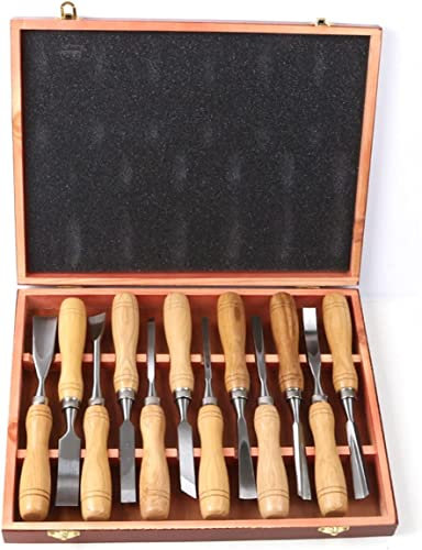 OITTo Wood Chisel Set, Cr-V Construction, Solid Wood Handle with Hammer End for, Carving,12 Piece Set