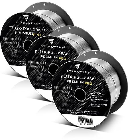 STAHLWERK FLUX Fülldraht Ø 0,9 mm 3er Set E71T-GS – je 0,45 kg D100-Spule für 16 mm Dorn, universell einsetzbar, selbstschützender Schweißdraht, Schweißen ohne Gas, geeignet für viele MIG/MAG-Geräte