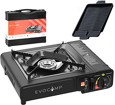 EVOCAMP Hornillo de gas de 1 llama y plancha para barbacoa, rectangular, 38 cm, hornillo para camping cartuchos de gas MSF-1a 227 g, estufa de camping con maletín de transporte, ideal para actividades