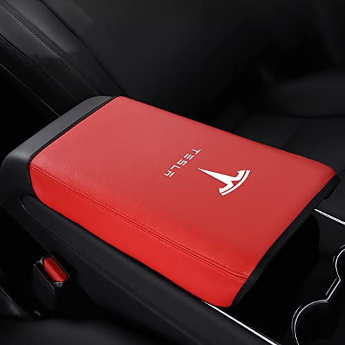 KRHINO Car Armrest Covers for Tesla Model 3 Model Y 2017-2023, PU Leather Center Console Protector Cover Mat Dustproof Wear-resistant Automotive Interior Accessories Black,-Red