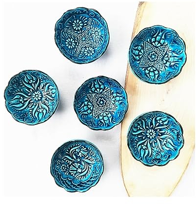 LEMOSE Handgefertigte dekorative türkische Keramikschalen, Set mit 6 blauen Schüsseln, zum Dippen und Servieren – kleines, vielseitiges und einzigartiges Charcuterie-Zubehör, Mini-Saucenschale,