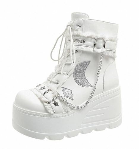 Ulalaza Botines góticos para mujer con plataforma y hebillas de murciélago, tacones gruesos, punta redonda, cremallera, botas de combate punk para motocicleta, cómodos botines góticos cortos