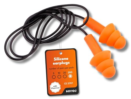 MIVOS - Lote de 200 pares de tapones para los oídos reutilizables por cartón - Tapones para los oídos de silicona impermeables y flexibles con cordón - Reducción del ruido de 32 dB para protección