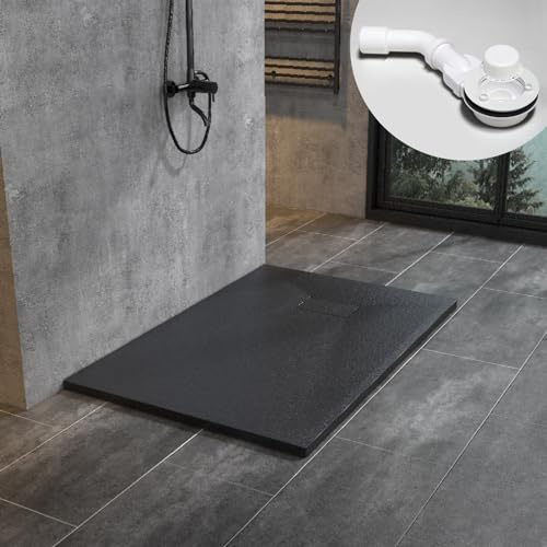 WITEN&NOCK SMC Duschwanne 90x80cm schwarz Brausewanne Duschtasse extra flache Steinoptik Antirutsch inkl. Abdeckung und Ablaufgarnitur Ø90mm Siphon