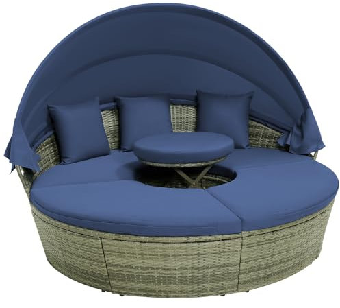 COSTWAY 5 Piece Modular Garden Rattan Daybed, Patio Wicker Sun Bed Sectional Sofa Set with Retractable Canopy, Adjustable Coffee Table and Cushions, Round Outdoor Conversation Furniture (Navy+Grey)