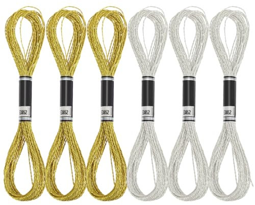 6 Stück Sticktwist Kreuzstichfäden, 8m Stickgarn Gold Metallic, Metallische Stickgarne, Goldenes und Silbernes Metallisches Garn, Kreuzstich Fadenset Goldfarbe für Bastelarbeiten (gold,silber)