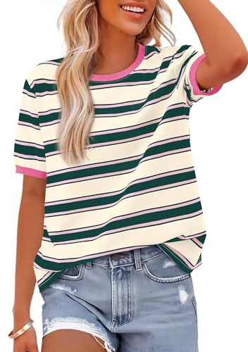 BTFBM Summer Tops for Women 2026 Crewneck Short Sleeve Striped T Shirts Casual Spring Clothes Color Block Basic Tee Blouses(Dark Green Pink, Small)