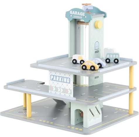 COSTWAY Set di Gioco Garage per Parcheggio, Garage di Giocattolo in Legno a 3 Strati con 4 Auto, Stazione di Servizio, Ascensore, Barra di Sollevamento, per Bambini di 3+ Anni