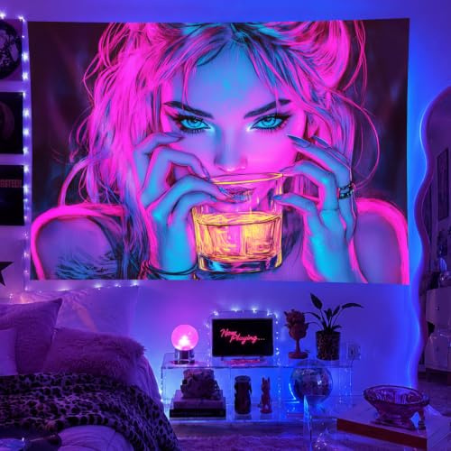 BlissYard Schwarzlicht-Wandteppich, Schlafzimmer, cooles süßes Mädchen, Anime-Wandteppich, ästhetisch, UV-reaktiv, violett, leuchtet im Dunkeln, Kunst, Wandbehang, Poster, Zimmer, Schlafzimmer, Party,