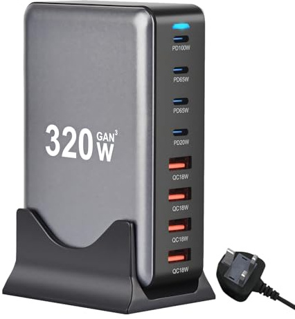 320W GaN III 8 Ports USB C Fast Charging Station, Portable PD USB A/C Charger Power Adapter, 100W Desktop Charger Compatible with Phone, Tablets and Laptop