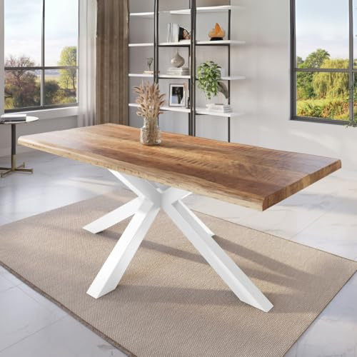 trelevo Esszimmertisch 180x90 cm Mango massiv Spider-Gestell Baumkante | Mangoholz, Tischplatte Natur/rau, weiß, Baumkantentisch