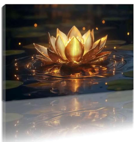 ZQQART Goldene Lotusblüte Wandbild Zen Leinwanddrucke Wanddekoration Blüte goldener Lotus im Wasser Kunst für Zen Büro Meditation spiritueller Rahmen (Gold,30x45cm)