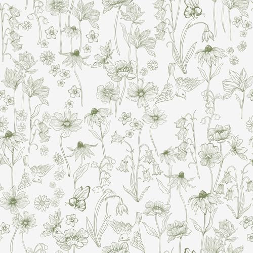 Fiula Self Adhesive Wallpaper Floral Peel and Stick Wallpaper 44x300cm Contact Paper Green and White Bird Bee Muster Wallpaper Waterproof Vinyl Wrap for Furniture Retro Bedroom Living Room Cabinet