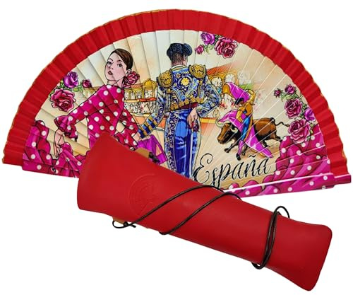 Spanischer Fächer aus Holz + Lederhülle zum Aufhängen am Hals | Souvenir-Set aus Spanien mit Designs der spanischen Kultur | Lederhülle handgefertigt in Spanien (Bailaora Torero)