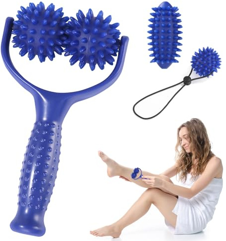 Massageroller Mit Griff,Massagegerät Fascia Ball，Auswechselbare Massage Roller mit 4 Igelball Massageball,Selbstmassagerolle,Igelball Fußmassage für Beine RüCken Arme Schultern Muskelschmerzen(Blau)