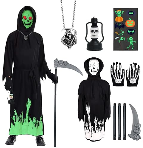 Satar Refes Costume da mietitore triste per bambini, con collana, adesivi, falce che si illumina al buio, costume da mietitore con volto da fantasma, mantello da mietitore, costume per bambini