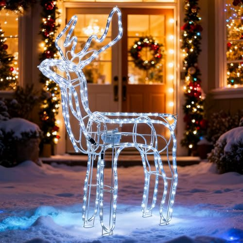 LEDYA Animated Head-Moving Christmas Reindeer Light, 216 LEDs Cool White, Large 89 cm Light Up Reindeer, Indoor/Outdoor Christmas Decoration with Timer, Mains Powered for Festive Home, Garden or Porch