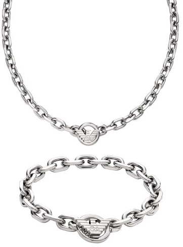 Emporio Armani Herren Silberfarbener Edelstahl Halskette und Armband, Set