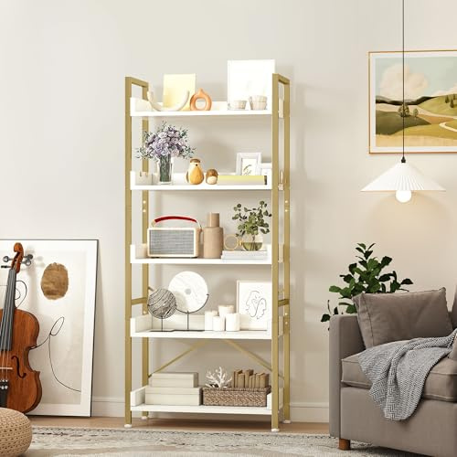 DWVO 5-stöckiges hohes, schmales Bücherregal, Holzregale und Metallrahmen, Wohnzimmer, Flur, Gold