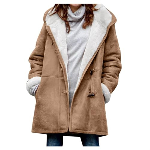 duxyoz Womens Fleece Jacket Suede Winter Coat Plush Warm Fleece Lined Coat Faux Suede Shearling Thicken Thermal Long Hoodies Elegant Overcoat Long Sleeve Sheepskin 03 Brown S